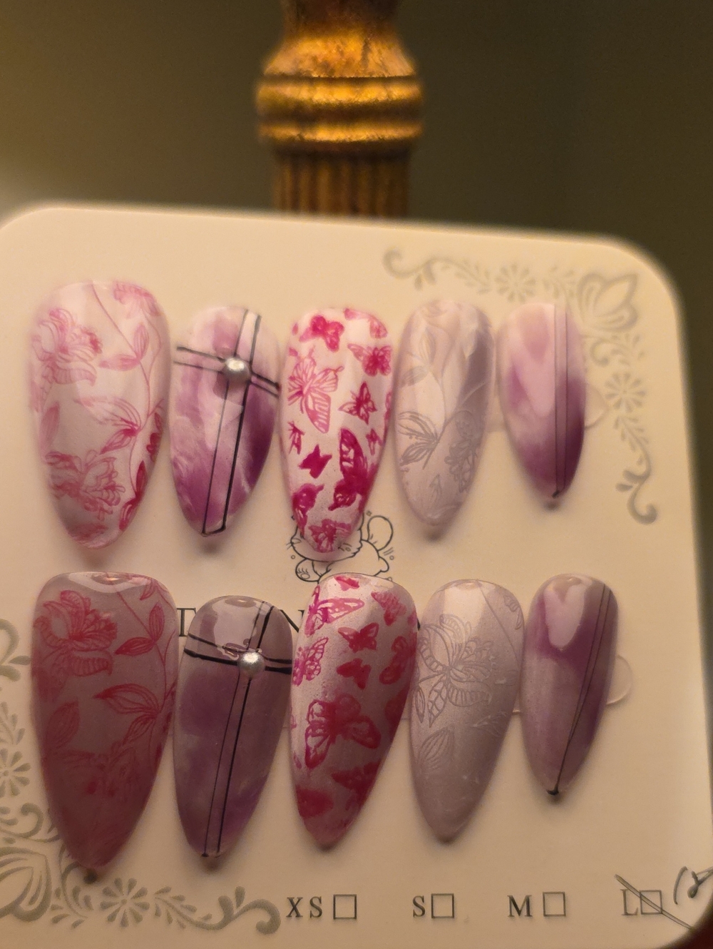 Press-On Nail Set - Pink Lavender Floral & Butterfly Designs Size Large